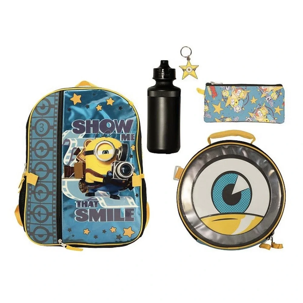 Despicable Me Minions 5 Piece Backpack Set/Lunch Bag/Case/carabiner/Key Chain
